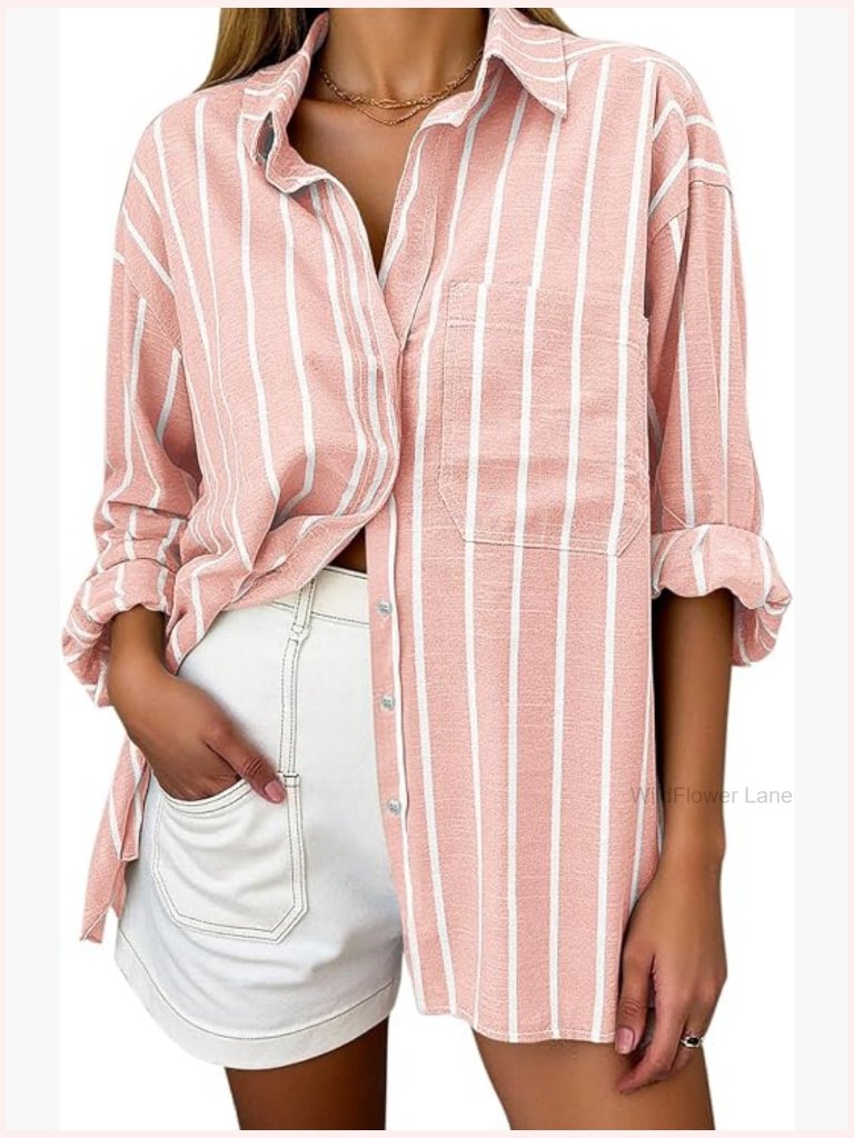 Oversized Linen Button Down Shirt Long Sleeve Collared Blouse With Pocket Beach